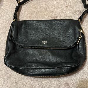 Fossil TRUE vintage Shoulder Bag Black Leather Long Shoulder Strap !! Pockets